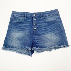 Mossimo Denim Women High Rise Shorts Blue Size 8 Power Stretch Cut Off Button